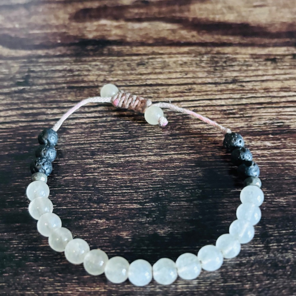 Natural Stone Beaded Adjustable Bracelet Lava Rock Pyrite Boho Jewelry
